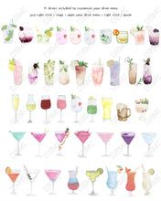 Load image into Gallery viewer, Martini Drink Menu, Editable Signature Cocktails Template, Bar Menu Sign Template, Signature Drinks Sign, 41 Watercolor Drink Images