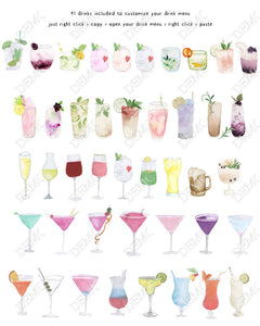 Martini Drink Menu, Editable Signature Cocktails Template, Bar Menu Sign Template, Signature Drinks Sign, 41 Watercolor Drink Images